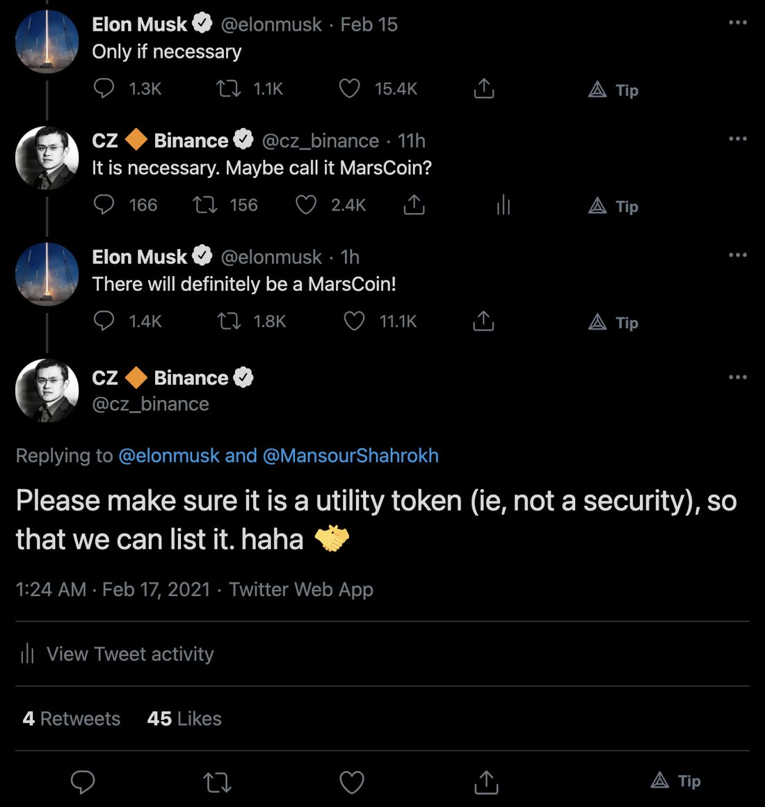 Thread screenshot: Elon Musk "Only if necessary", CZ "It is necessary. Maybe call it MarsCoin?", Elon Musk "There will definitely be a MarsCoin!", and CZ replying "Please make sure it is a utility token (ie, not a security), so that we can list it. haha"